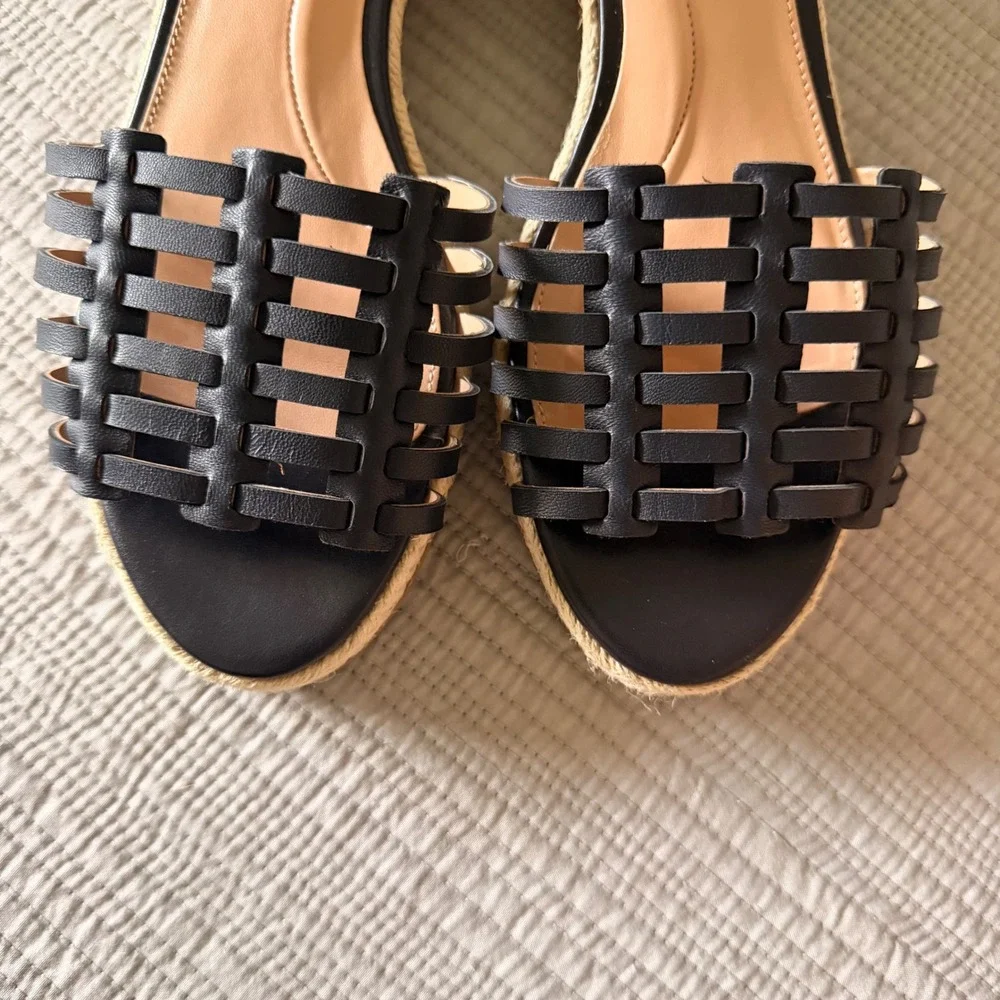 NEW Talbots Women Navy Leather Woven Espadrille Wedge Sandals  7.5M Ankle Strap